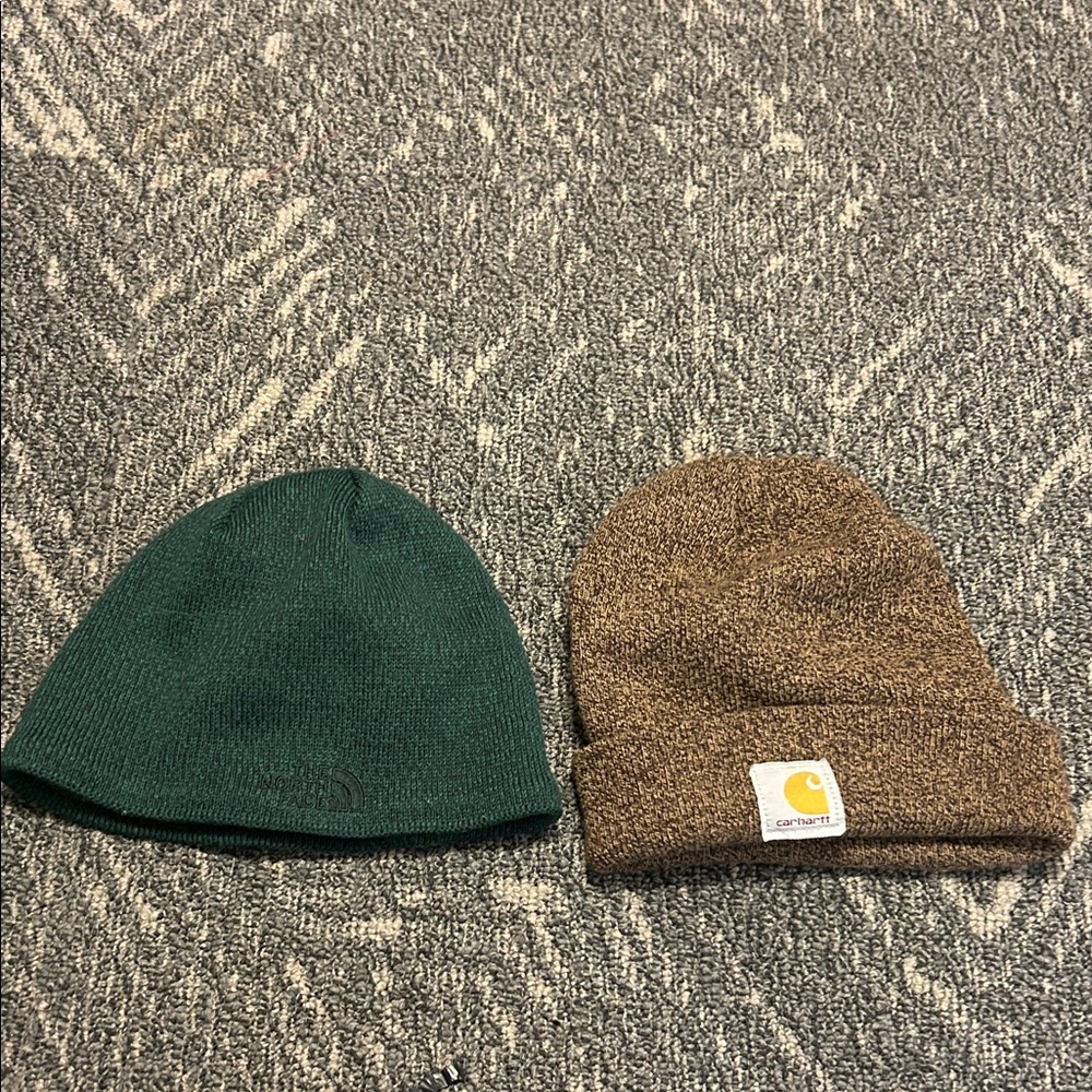 The North Face Dark Green Knit Beanie & Carhartt brown beanie. Top winter brands